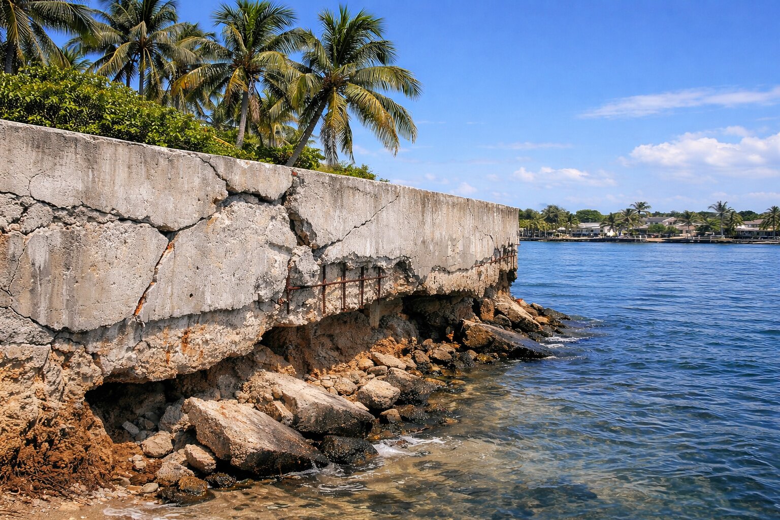 Crumbling seawall along a tropical waterway in South Florida