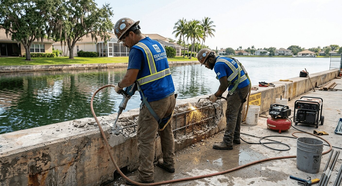 Licensed seawall repair workers performing professional seawall repair in Florida